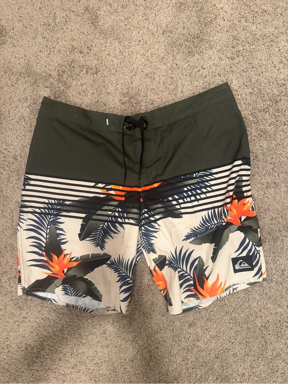 Quiksilver Men’s Olive Waist Tropical Swim Trunks with Orange Floral